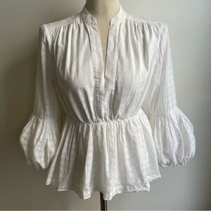 Trina Turk Women's White Beloved Cotton Top V Neck Balloon Sleeve Peplum Small